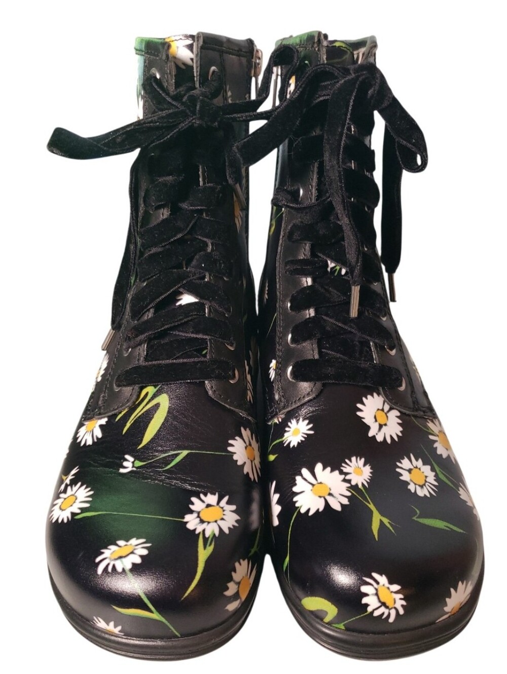 Alagria Ari Black Floral Daisy Combat Veltet Lace-Up Side Zip Women's Boots 37